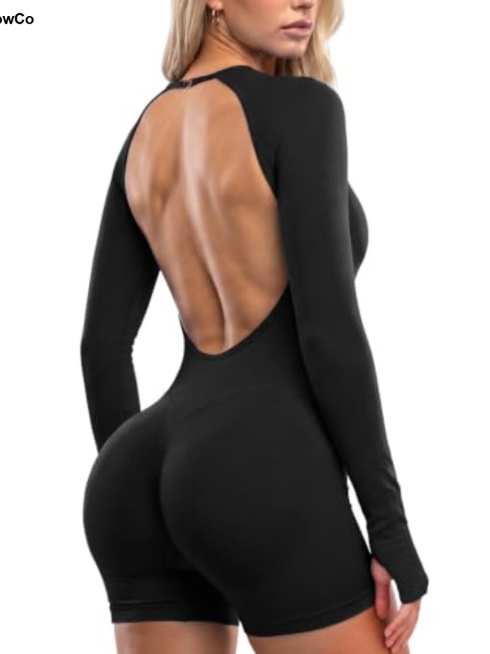 SEASUM Long Sleeve Backless Workout Romper Seamless Ribbed Gym Bodysuit
